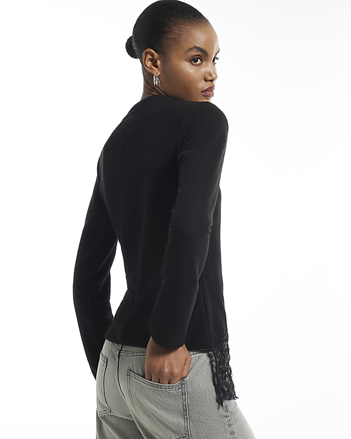 Black Cosy Lace Hem Asymmetric Top