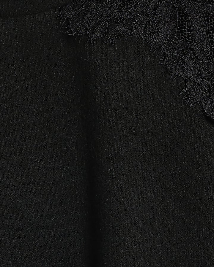 Black Cosy Lace Hem Asymmetric Top