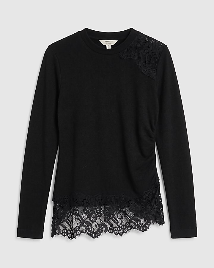 Black Cosy Lace Hem Asymmetric Top