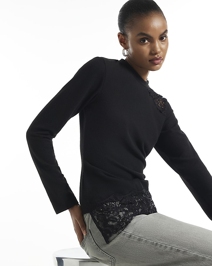 Black Cosy Lace Hem Asymmetric Top