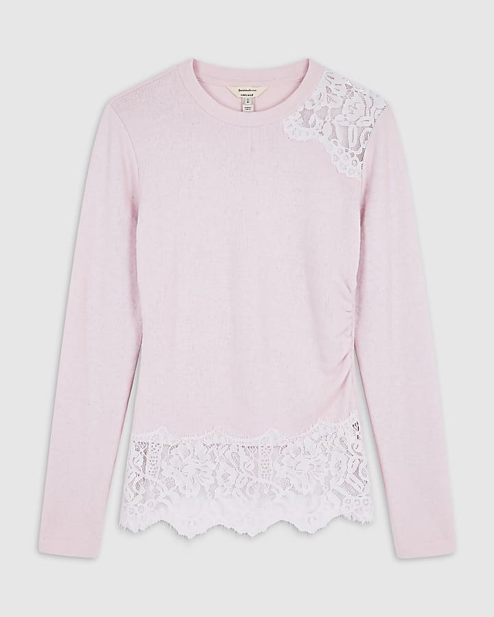 Pink Cosy Aysmmetric Lace Hem Top