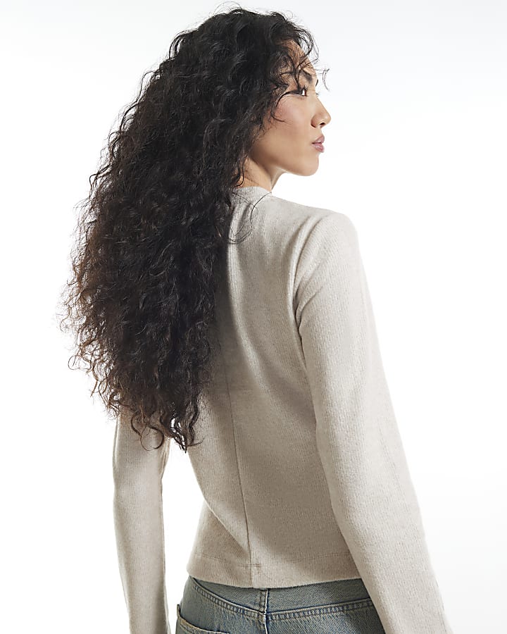 Beige Cosy Lace Hem Asymmetric Top