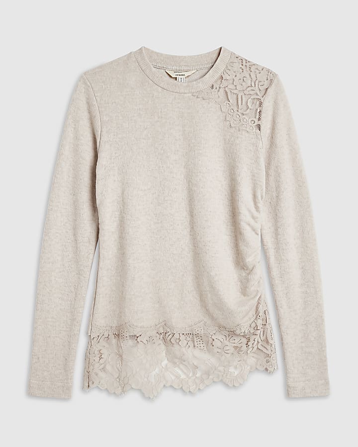 Beige Cosy Lace Hem Asymmetric Top