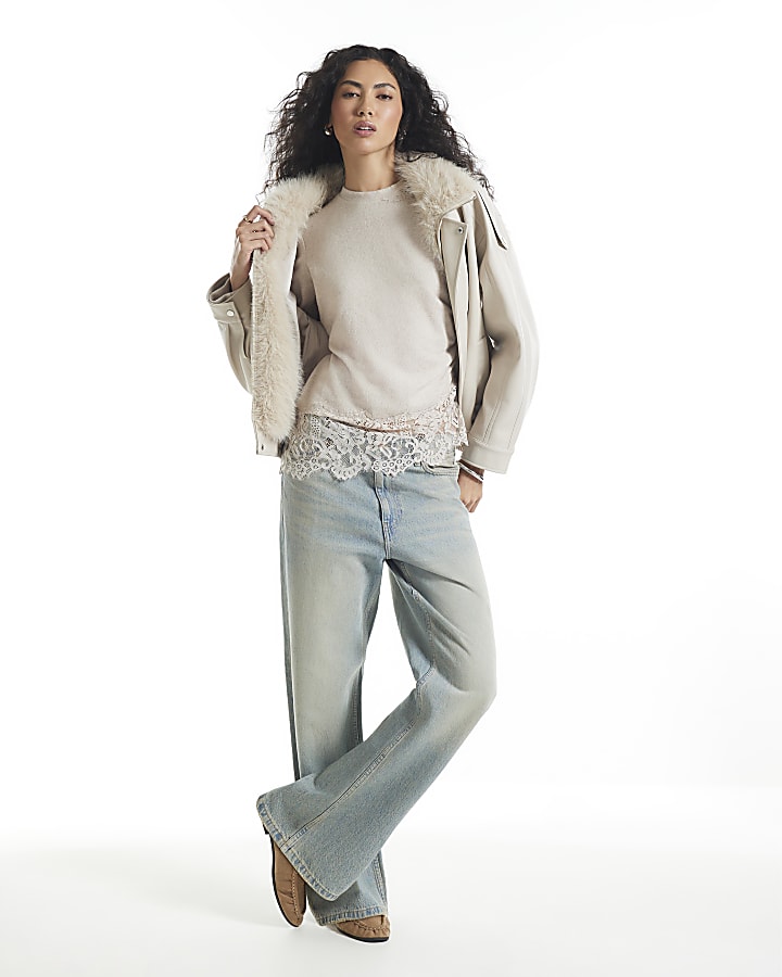 Beige Cosy Lace Hem Asymmetric Top