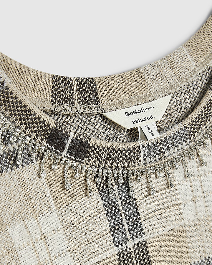 Beige Check Embellished Jumper