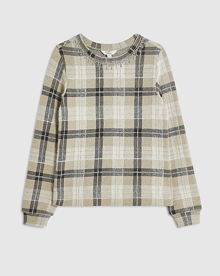 Beige Check Embellished Jumper