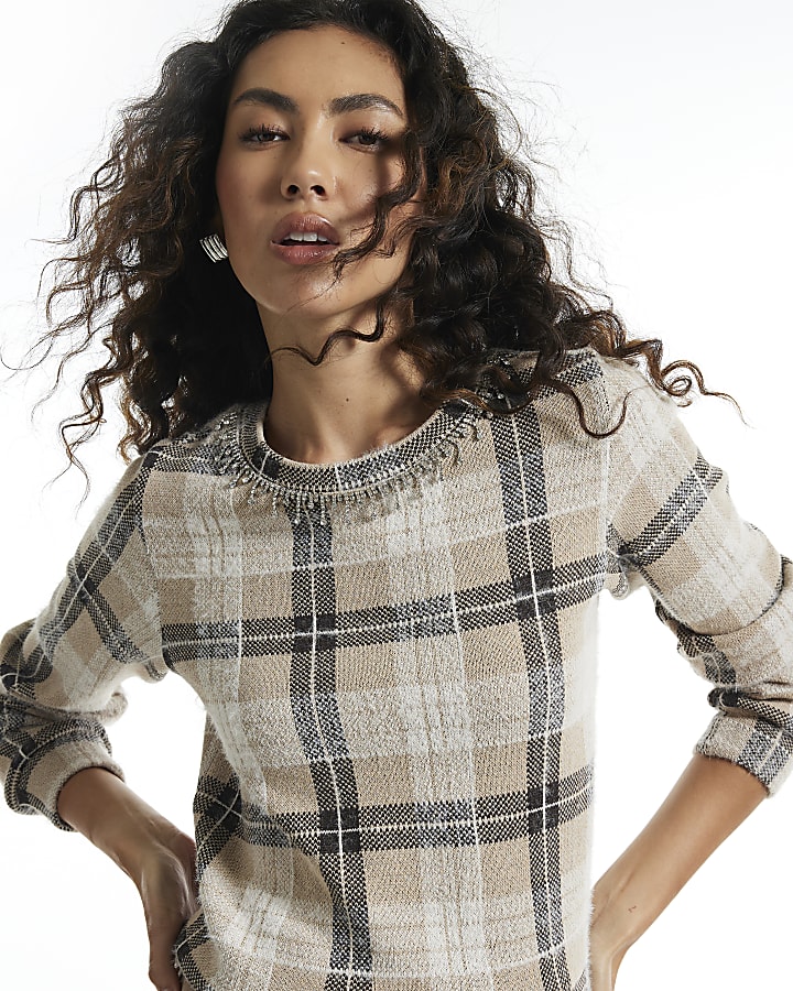 Beige Check Embellished Jumper