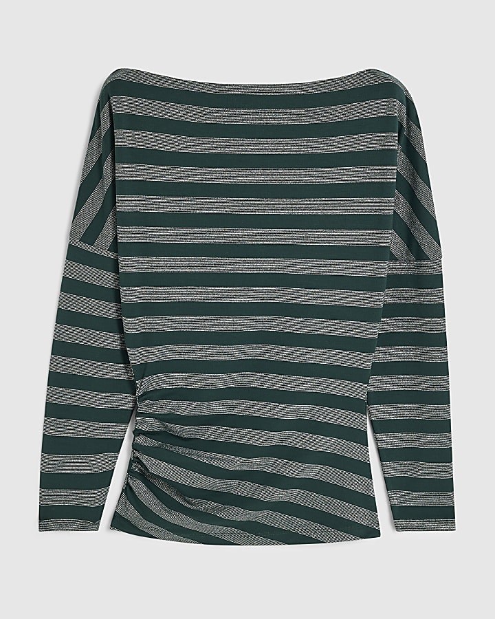 Green Metallic Stripe Asymmetric Drape Top