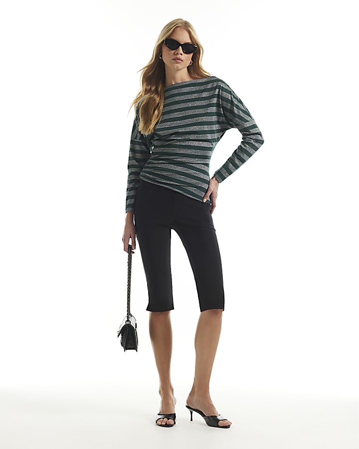 Green Metallic Stripe Asymmetric Drape Top