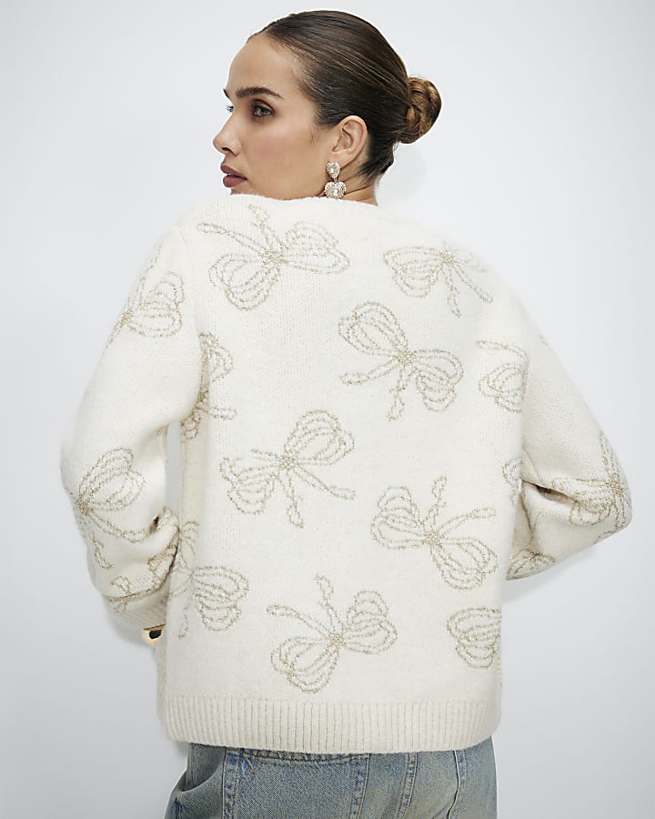 Cream Glitter 3D Bow Cardigan