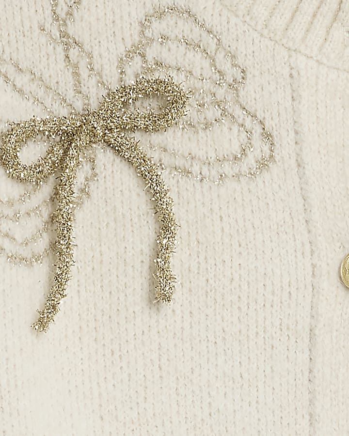 Cream Glitter 3D Bow Cardigan
