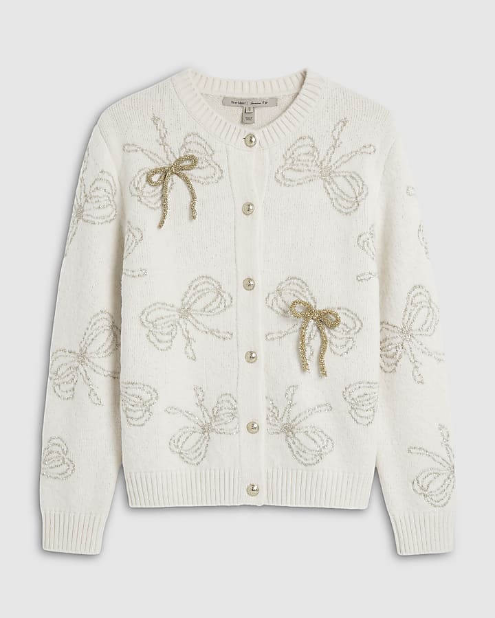 Cream Glitter 3D Bow Cardigan