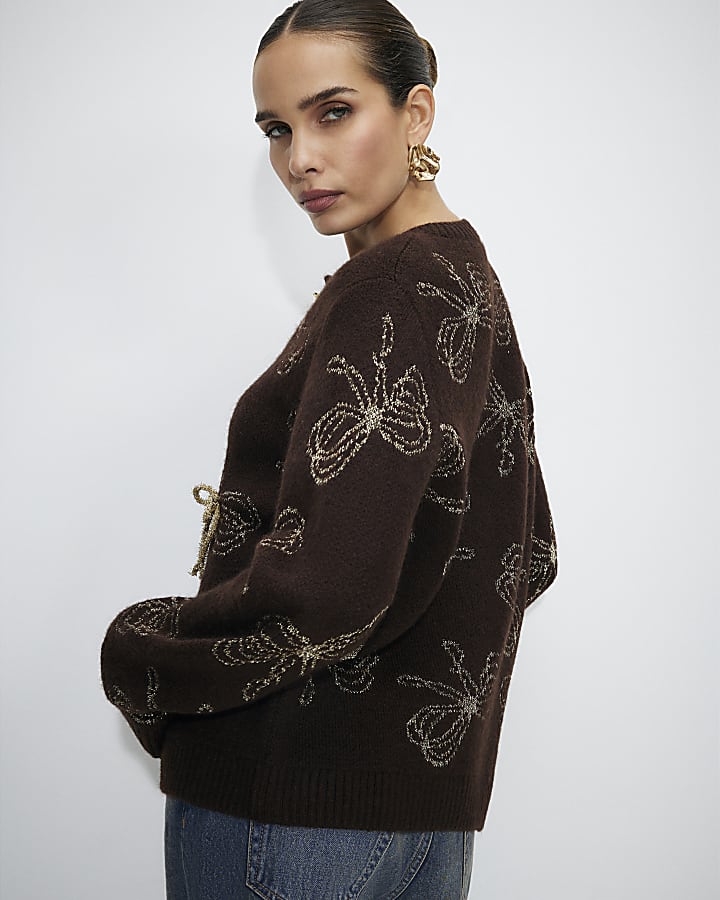 Brown Glitter 3D Bow Cardigan