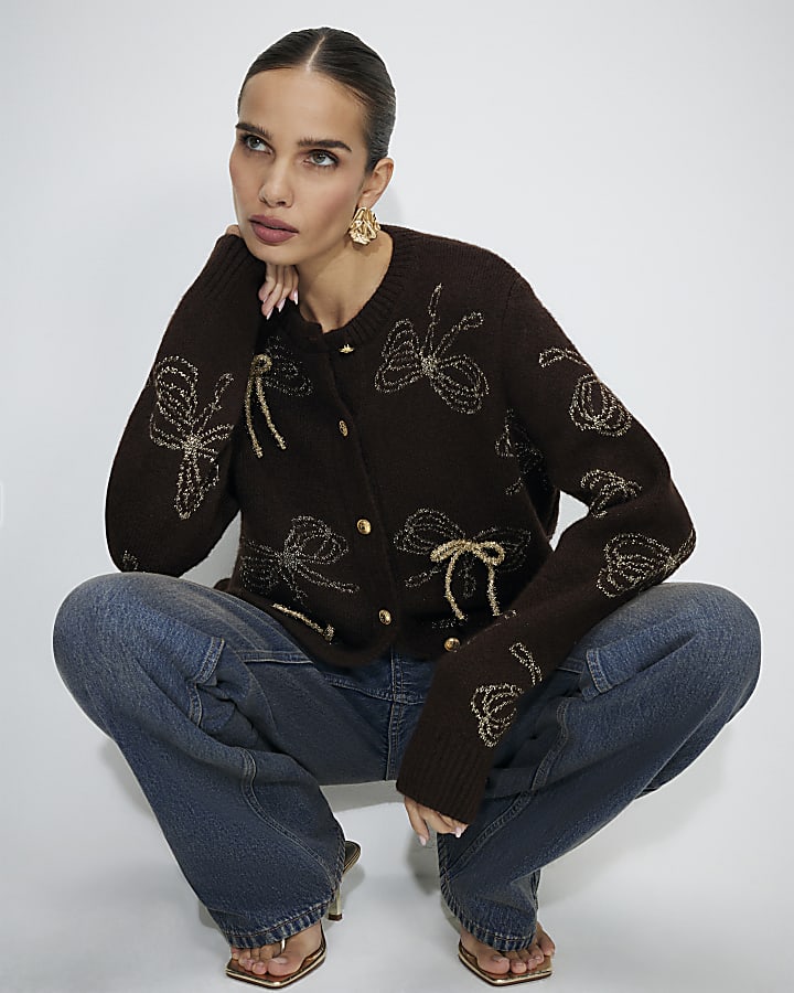 Brown Glitter 3D Bow Cardigan