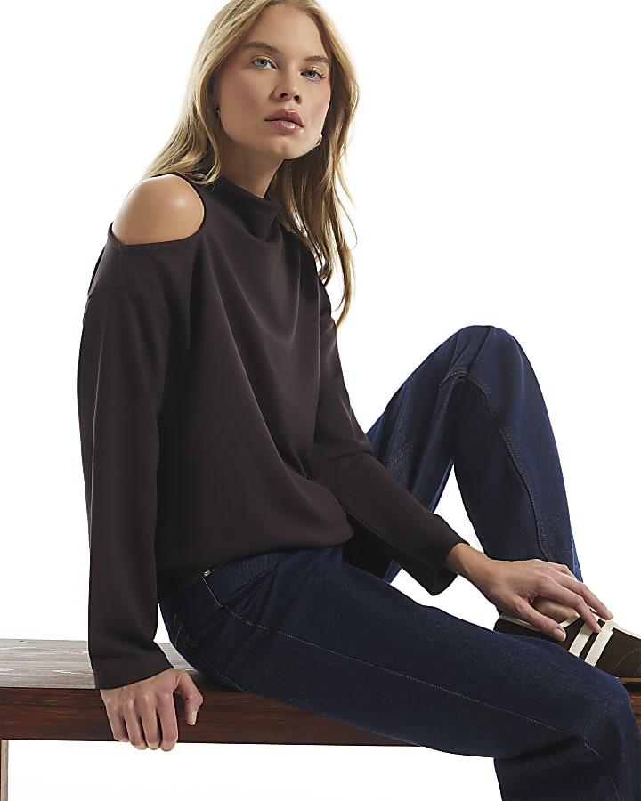 Brown Premium Cut Out Shoulder Sweatshirt