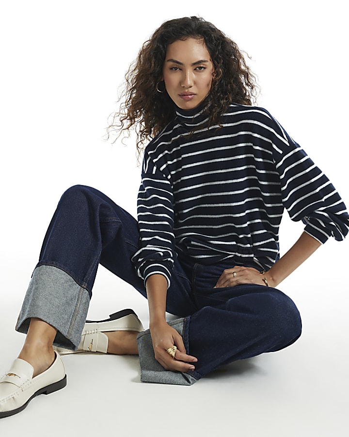 Black Stripe Cosy Twist Front Long Sleeve Top