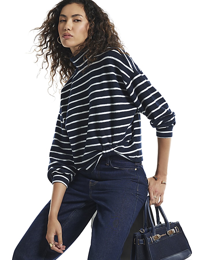 Black Stripe Cosy Twist Front Long Sleeve Top