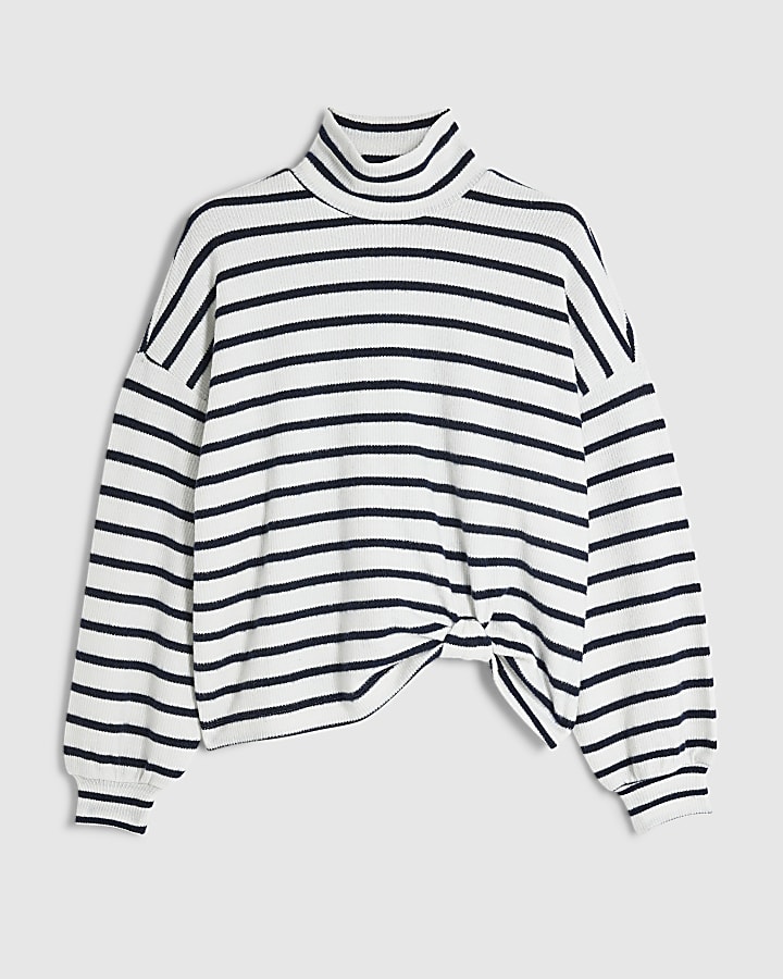 White Stripe Cosy Twist Front Long Sleeve Top