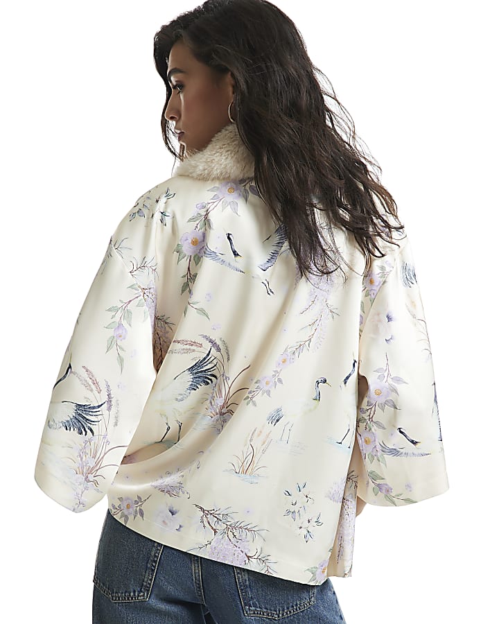Cream Satin Floral Faux Fur Trim Kimono