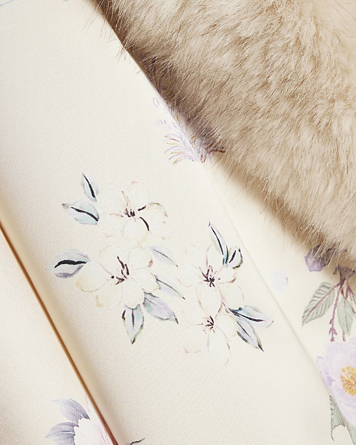 Cream Satin Floral Faux Fur Trim Kimono