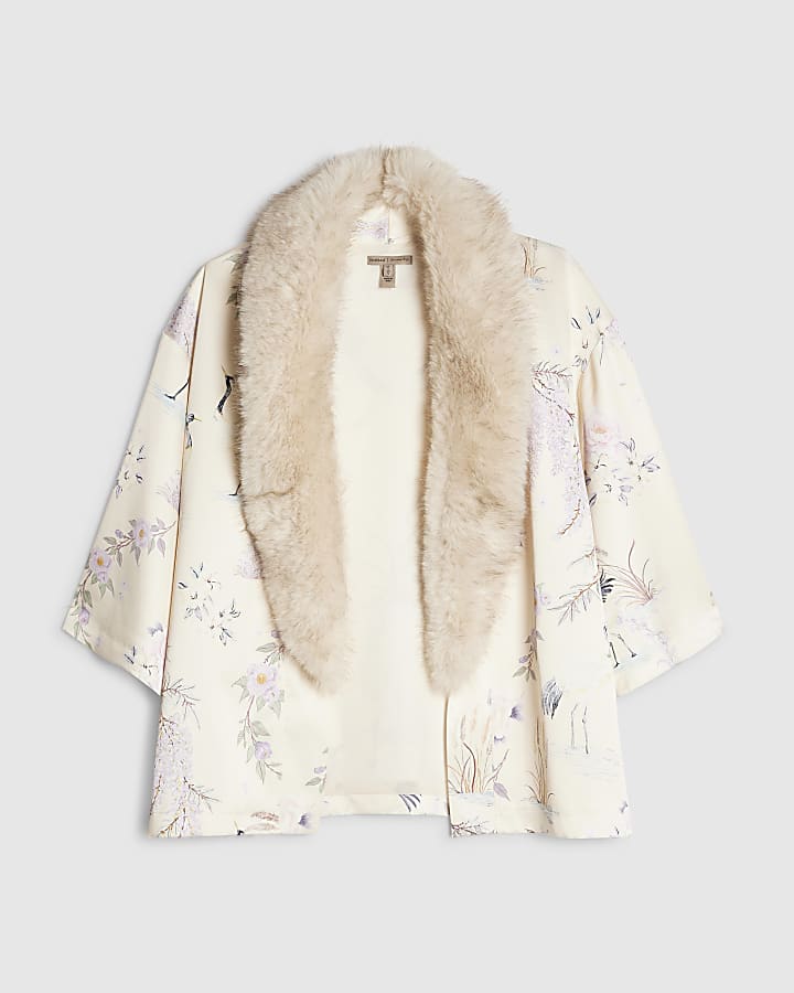 Cream Satin Floral Faux Fur Trim Kimono