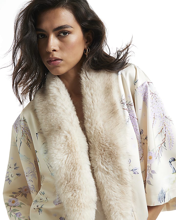 Cream Satin Floral Faux Fur Trim Kimono