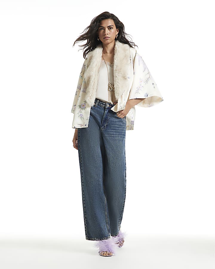 Cream Satin Floral Faux Fur Trim Kimono