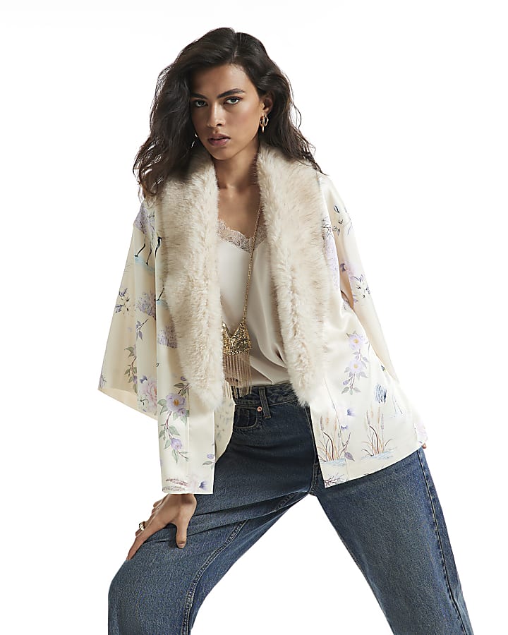 Cream Satin Floral Faux Fur Trim Kimono