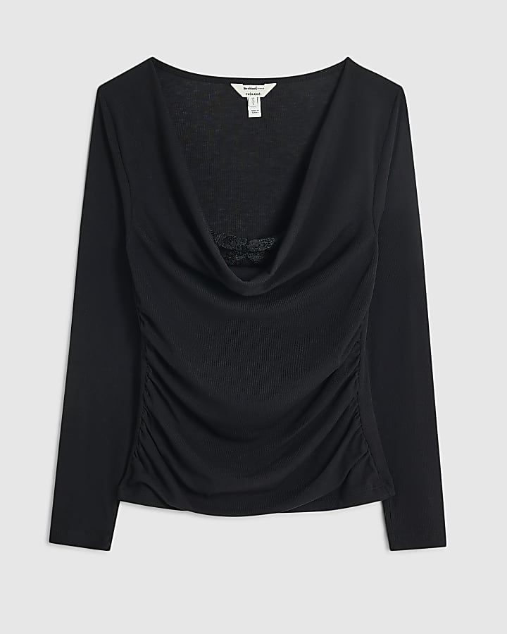 Black Long Sleeve Lace Drape Top