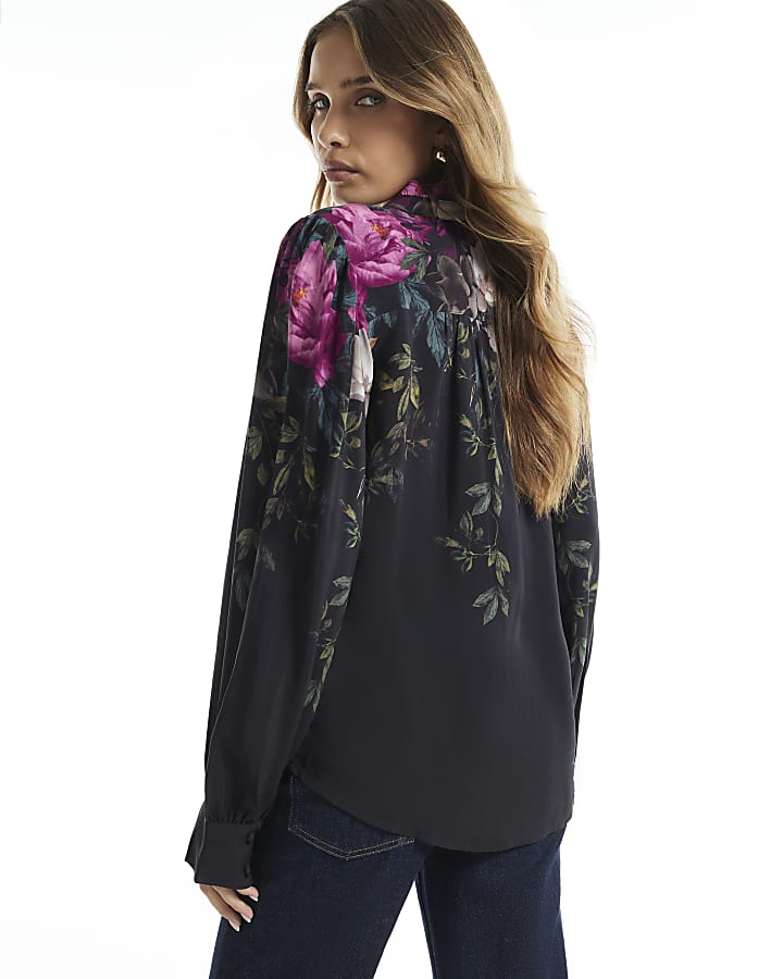 Black Crepe Floral Print Femme Blouse