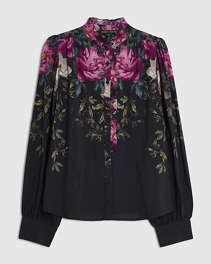 Black Crepe Floral Print Femme Blouse