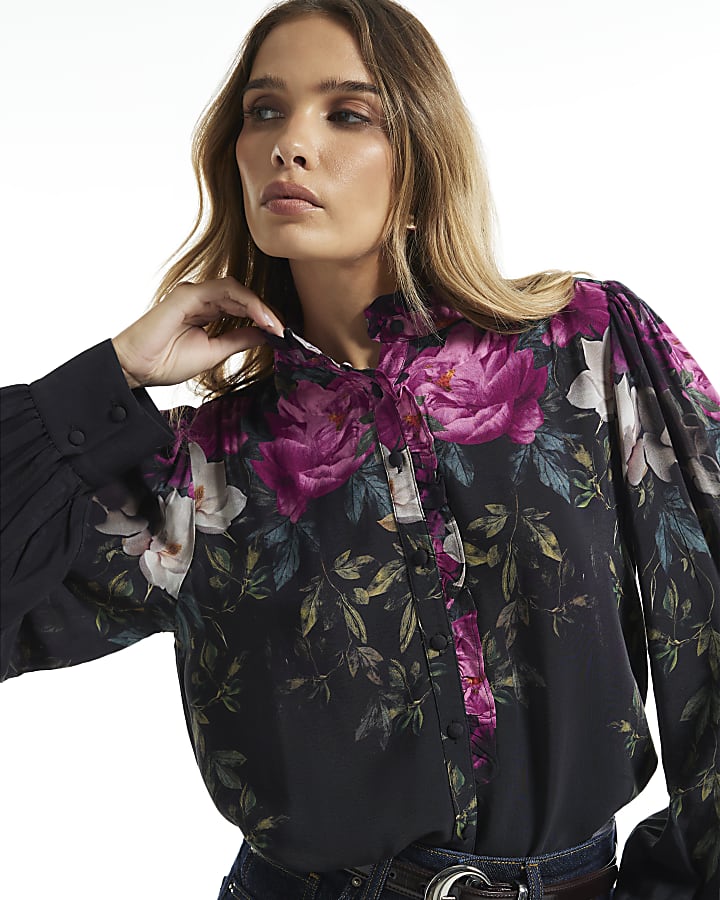 Black Crepe Floral Print Femme Blouse