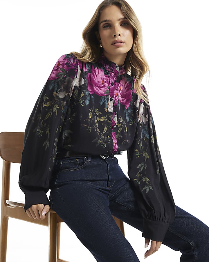 Black Crepe Floral Print Femme Blouse