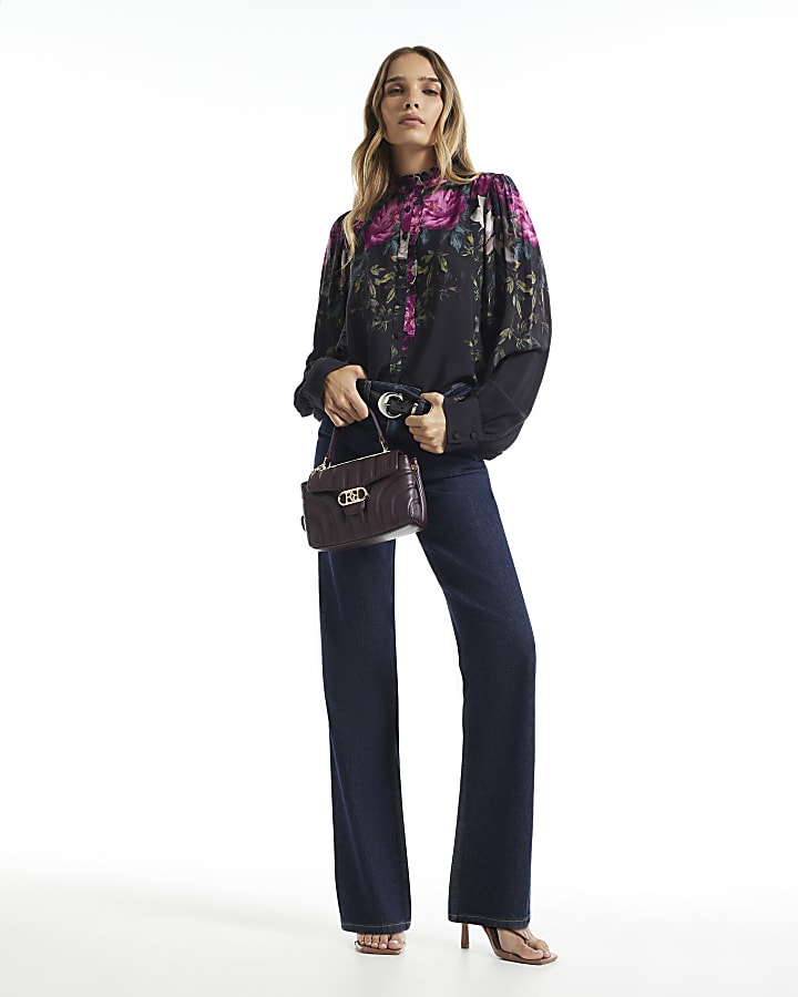 Black Crepe Floral Print Femme Blouse
