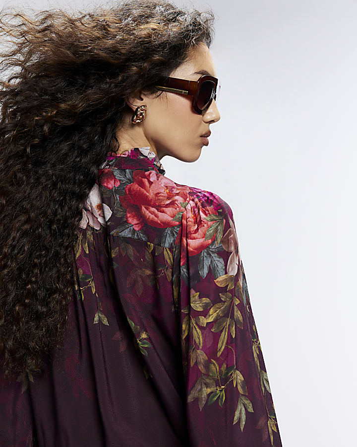Burgundy Floral Frill Collar Blouse