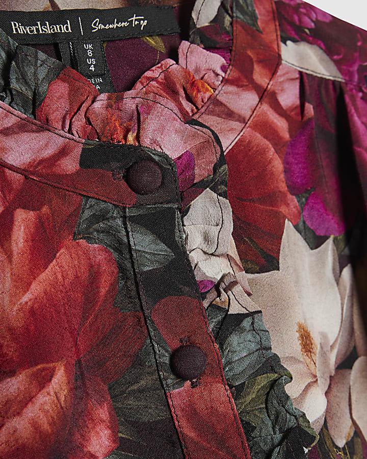 Burgundy Floral Frill Collar Blouse