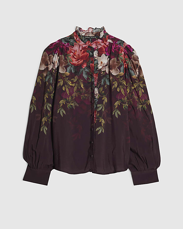 Burgundy Floral Frill Collar Blouse