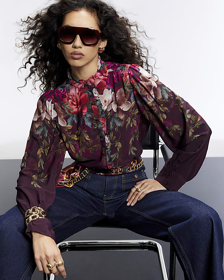Burgundy Floral Frill Collar Blouse