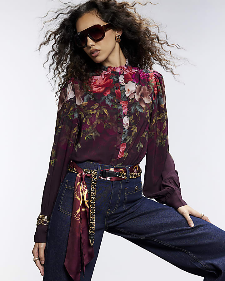 Burgundy Floral Frill Collar Blouse