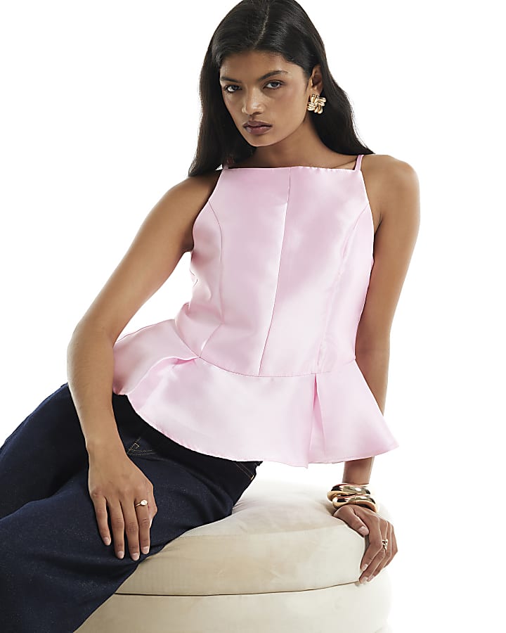 Pink Square Neck Sleeveless Peplum Top