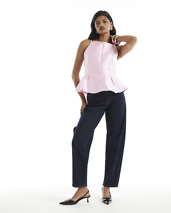 Pink Square Neck Sleeveless Peplum Top