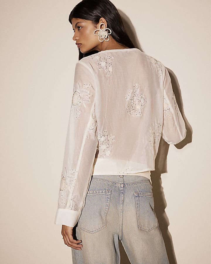 Cream Chiffon Embellished Frogger Top