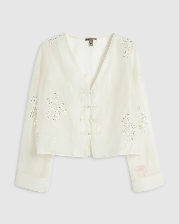 Cream Chiffon Embellished Frogger Top