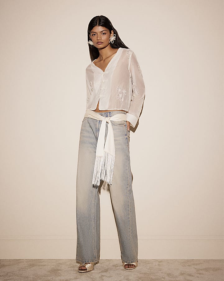 Cream Chiffon Embellished Frogger Top