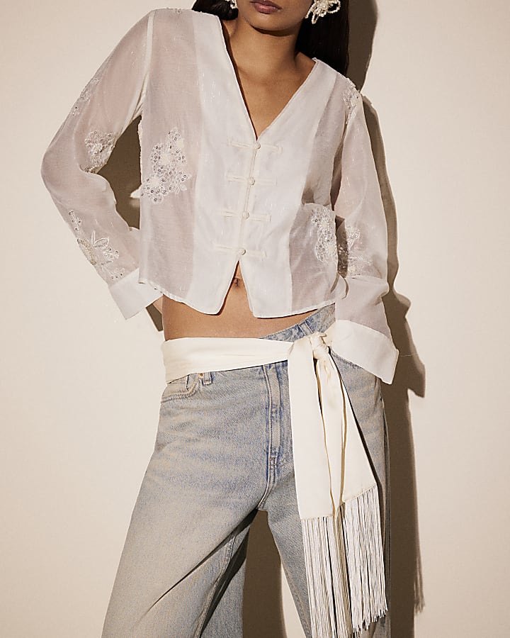 Cream Chiffon Embellished Frogger Top