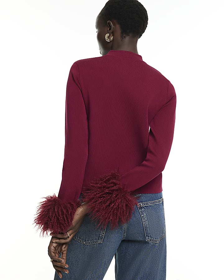 Burgundy Faux Fur Cuff Drummer Cardigan