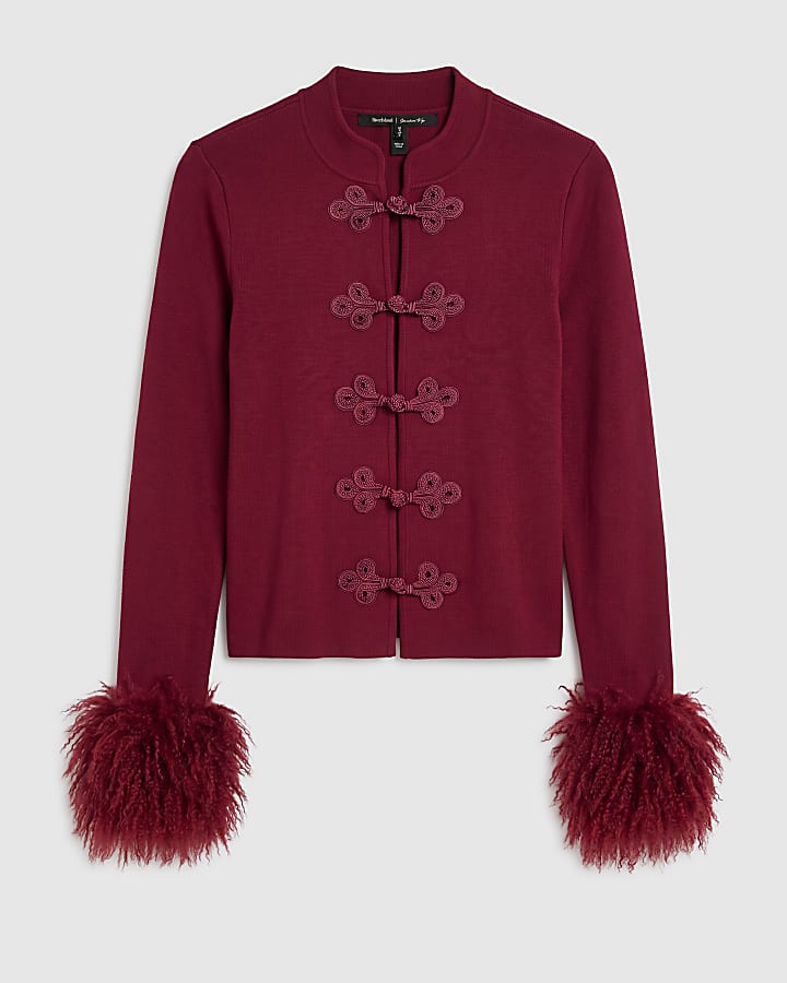 Burgundy Faux Fur Cuff Drummer Cardigan