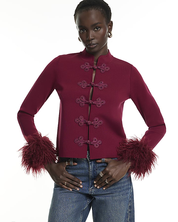 Burgundy Faux Fur Cuff Drummer Cardigan