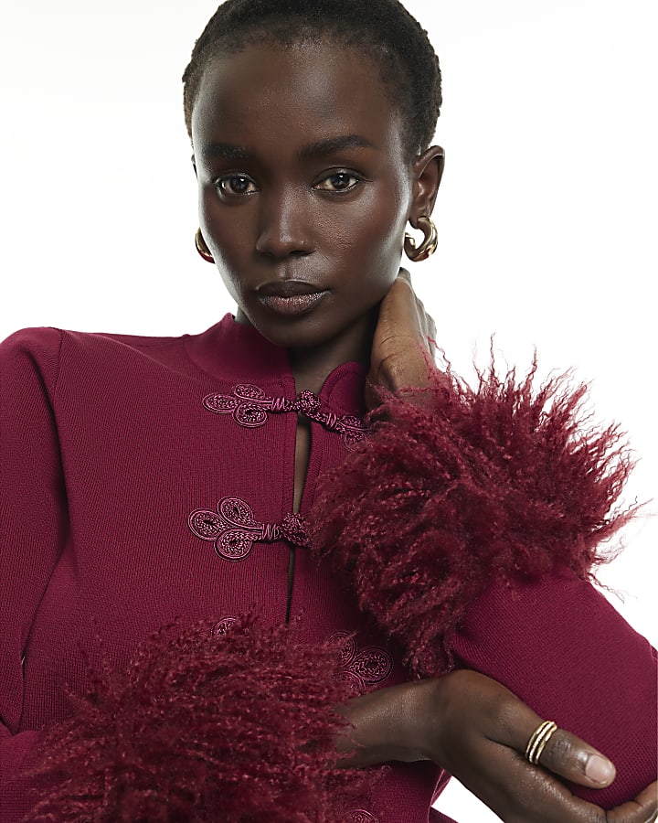 Burgundy Faux Fur Cuff Drummer Cardigan
