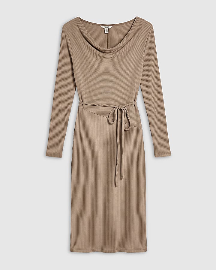 Beige Long Sleeve Cowl Neck Midi Dress